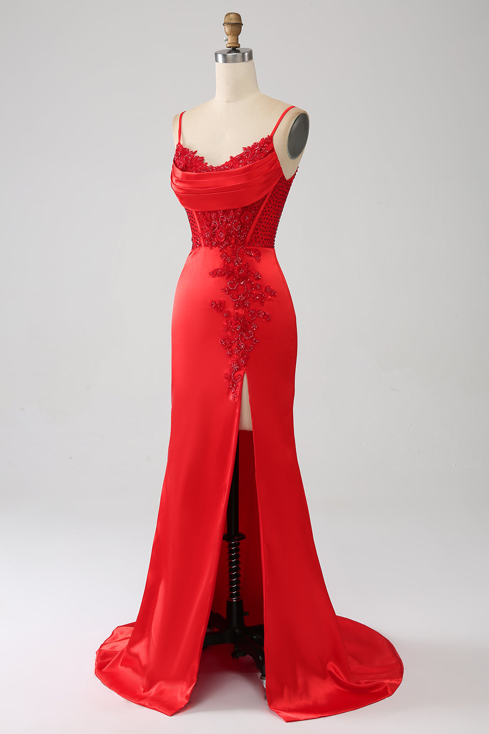 Red Mermaid Spaghetti Straps Satin Beaded Prom Dress with Slit Sexy Evening Dresses
