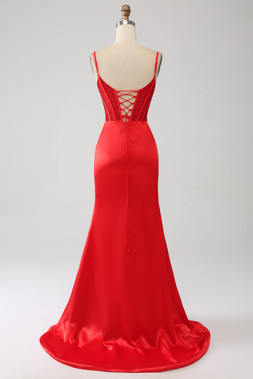 Red Mermaid Spaghetti Straps Satin Beaded Prom Dress with Slit Sexy Evening Dresses