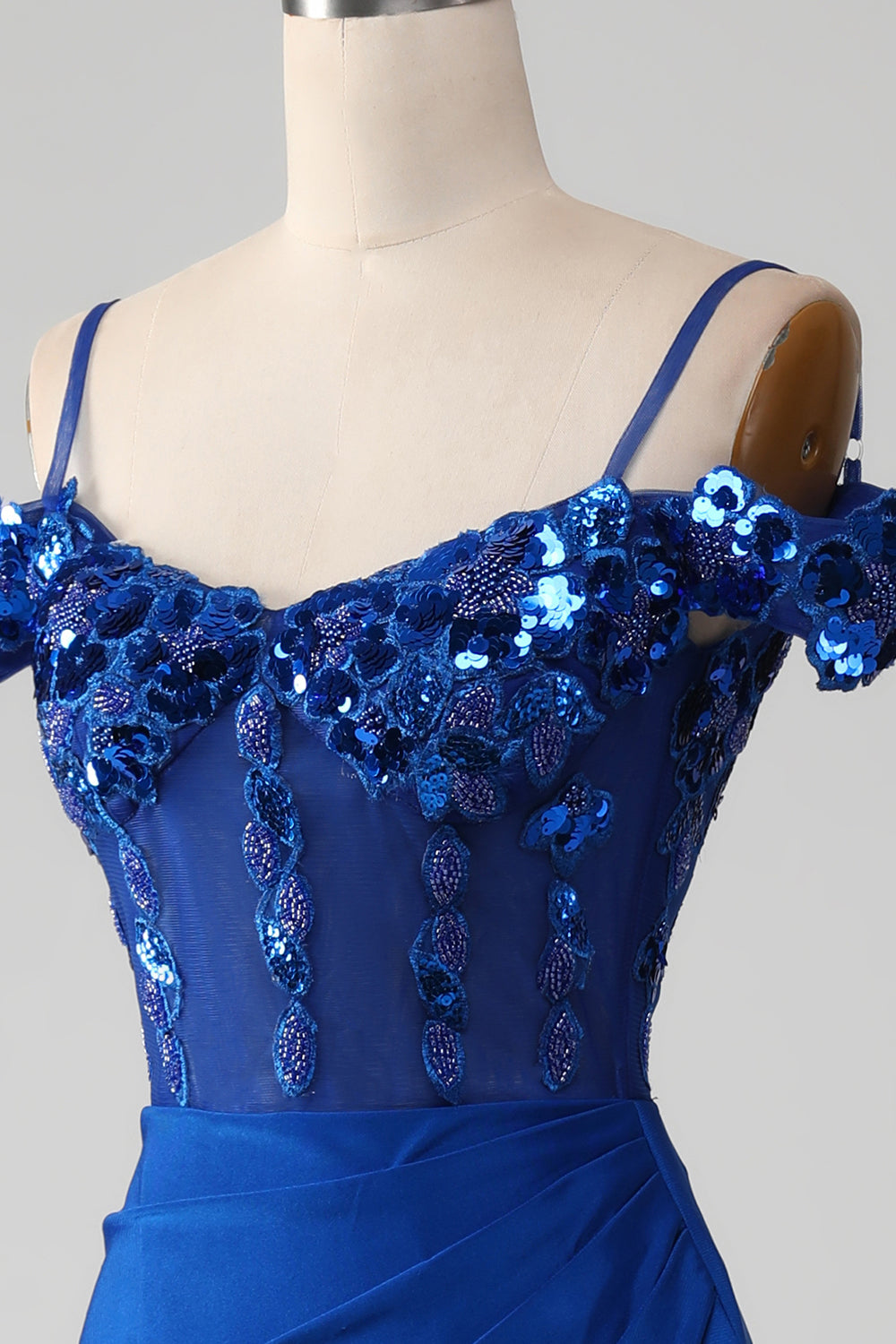Royal Blue Mermaid Spaghetti Straps Beaded Corset Prom Dress with Slit Sexy Evening Dresses
