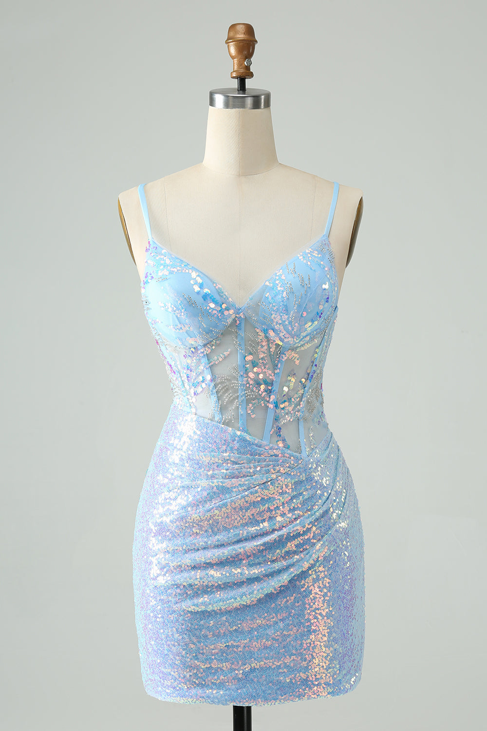 Glitter Tight Spaghetti Straps Corset Short Homecoming Dress with Sequins Sparkly