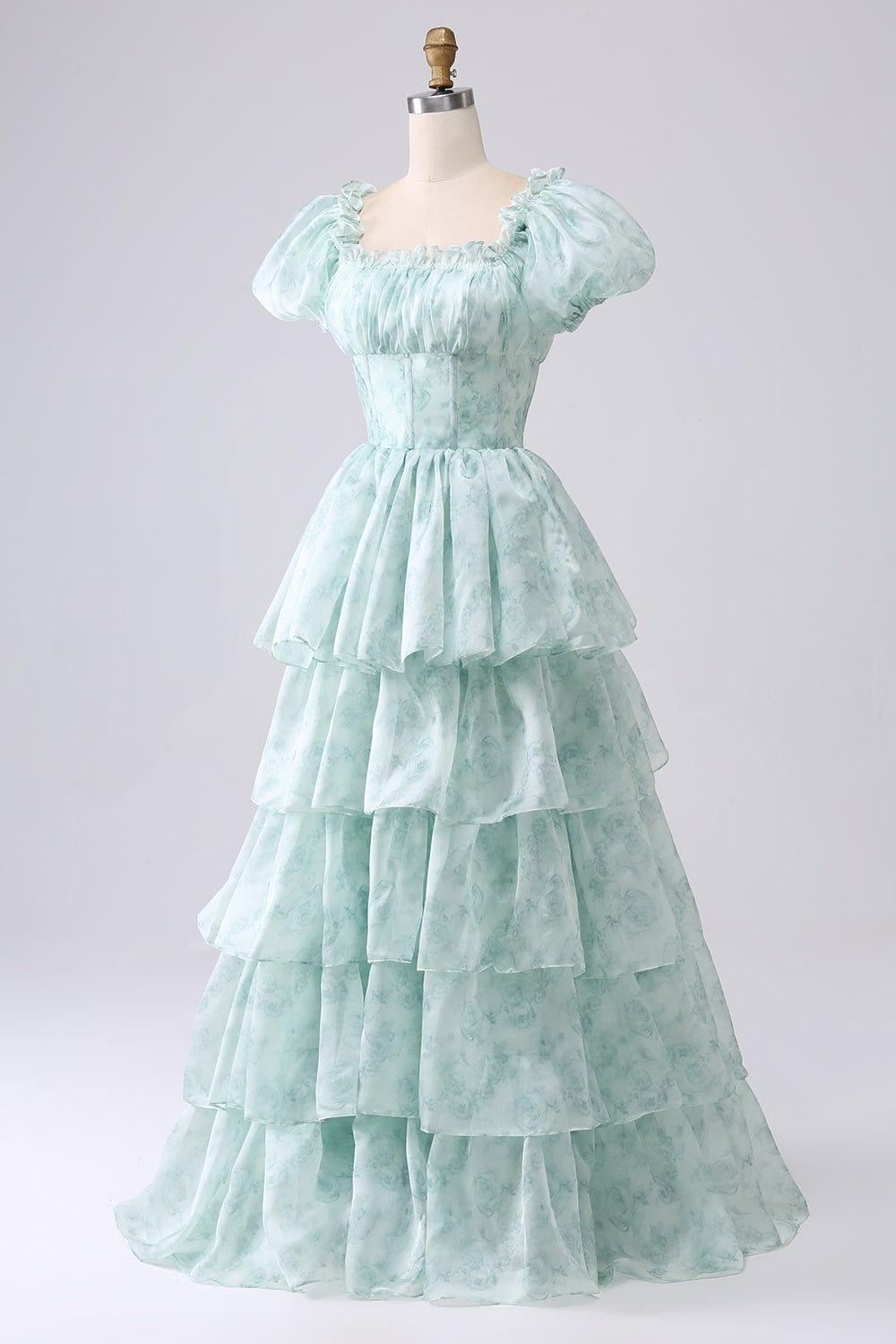Light Blue Floral Print A-Line Off The Shoulder Tiered Prom Dress Floor Length Beautiful
