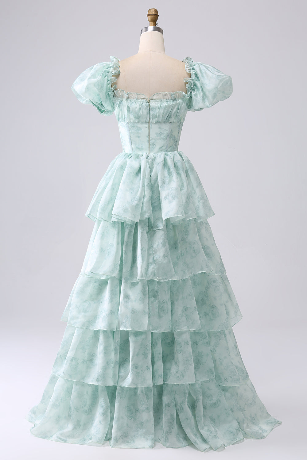 Light Blue Floral Print A-Line Off The Shoulder Tiered Prom Dress Floor Length Beautiful