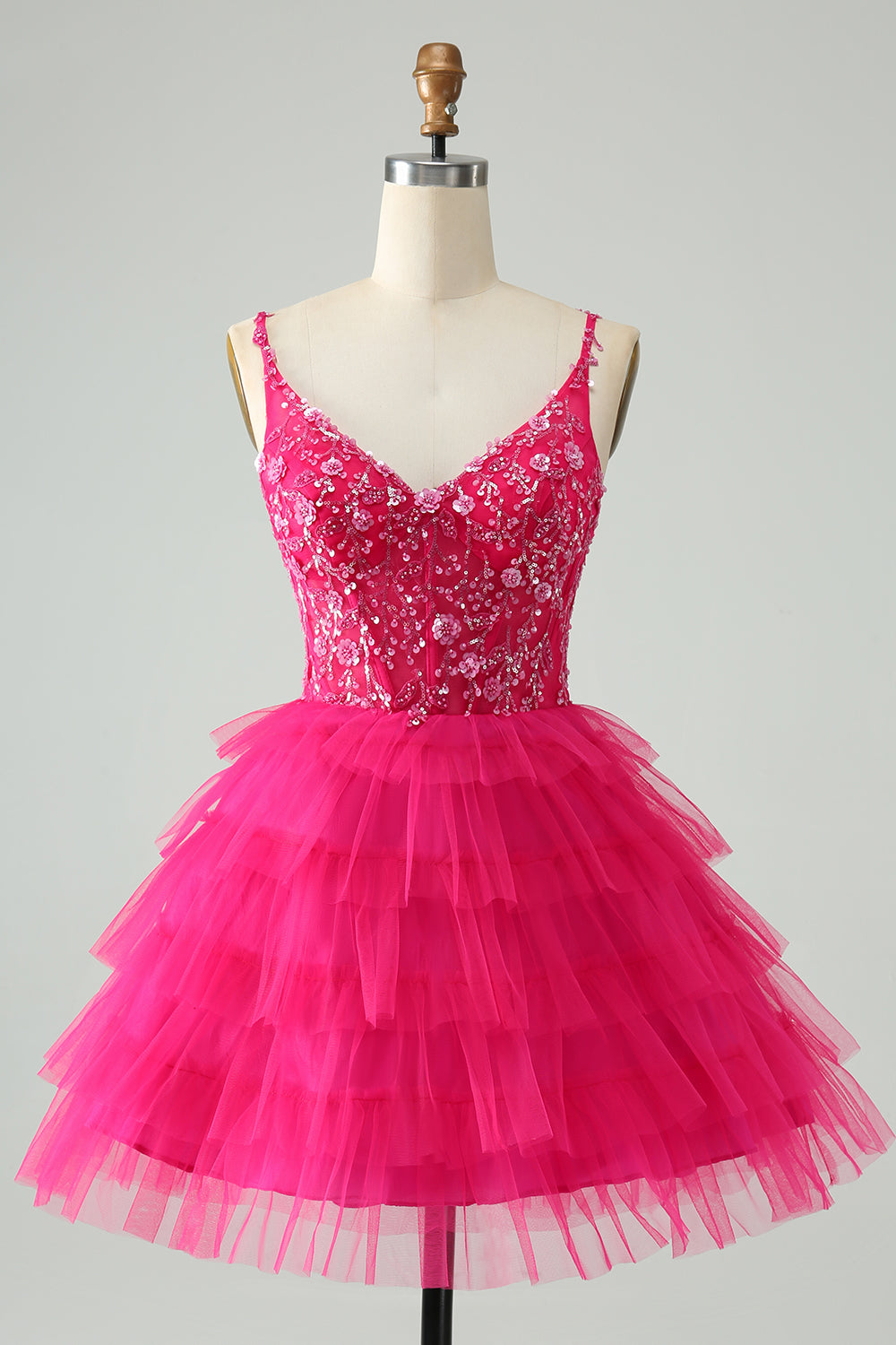 Cute A Line Spaghetti Straps Tiered Short Homecoming Dress with Sequins Beautiful