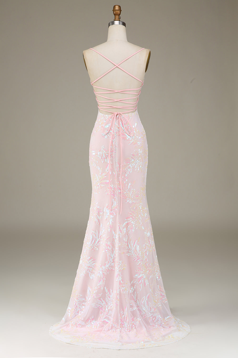 Pink Mermaid Spaghetti Straps Sparkly Long Prom Dress with Slit Evening Dresses