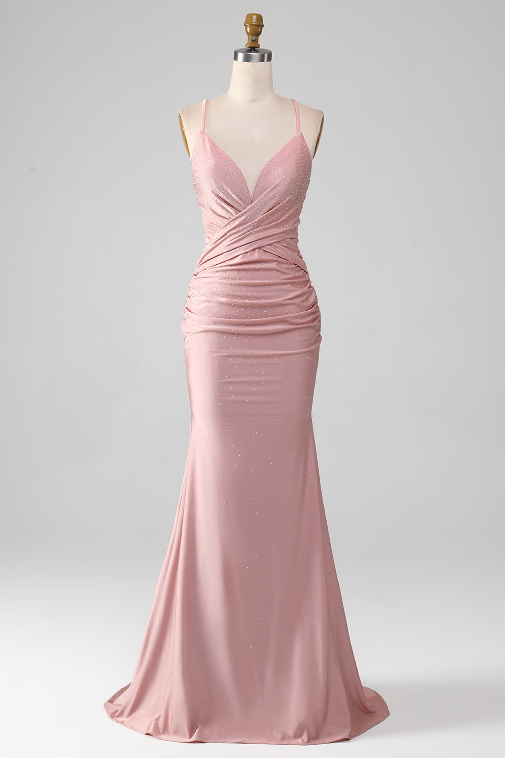Sparkly Blush Mermaid Spaghetti Straps Beaded Long Prom Dress Sexy Evening Dresses