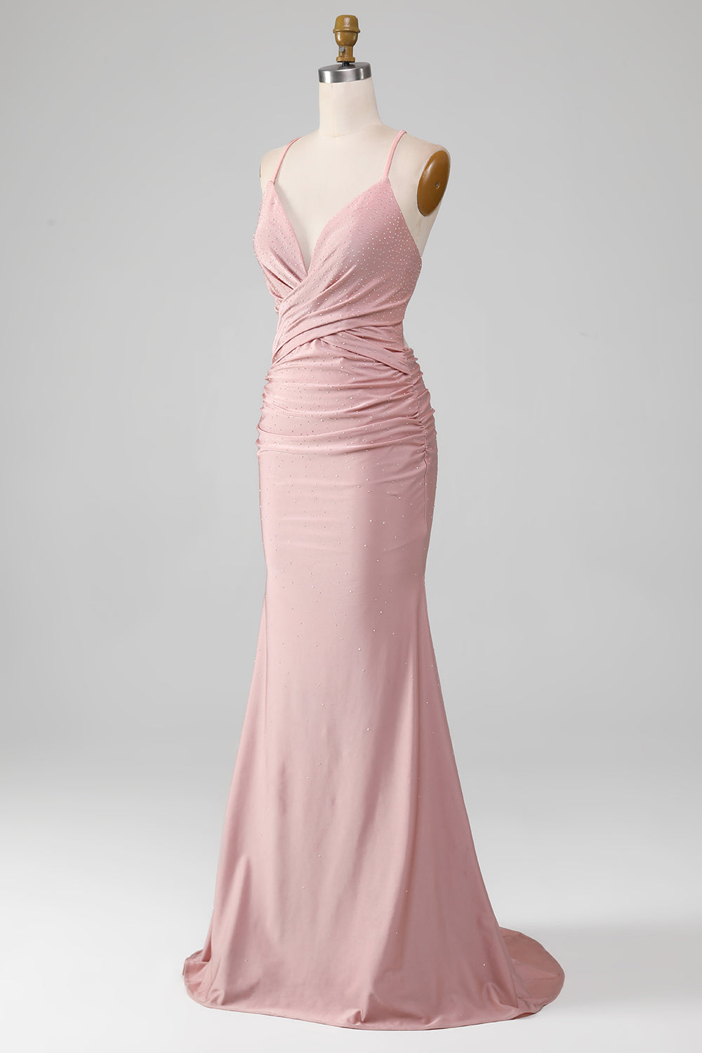 Sparkly Blush Mermaid Spaghetti Straps Beaded Long Prom Dress Sexy Evening Dresses