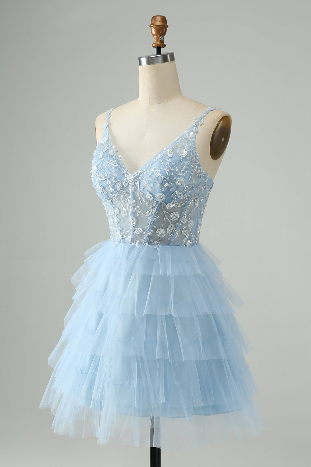 Cute A Line Spaghetti Straps Tiered Short Homecoming Dress with Sequins Beautiful