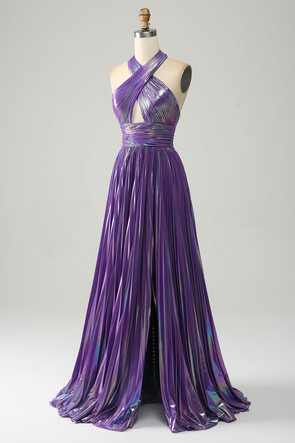 Sparkly Purple A-Line Halter Pleated Prom Dress with Slit Sexy Evening Dresses