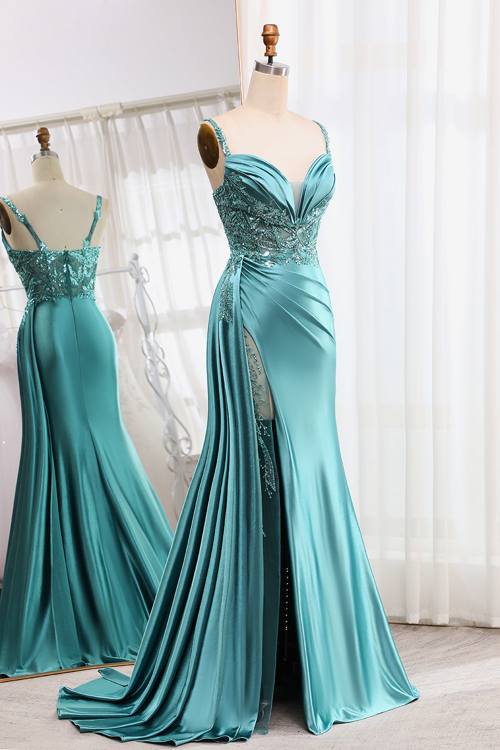 Mermaid V-Neck Satin Long Appliques Sequin Blue Prom Dress With Slit Sexy Evening Dresses