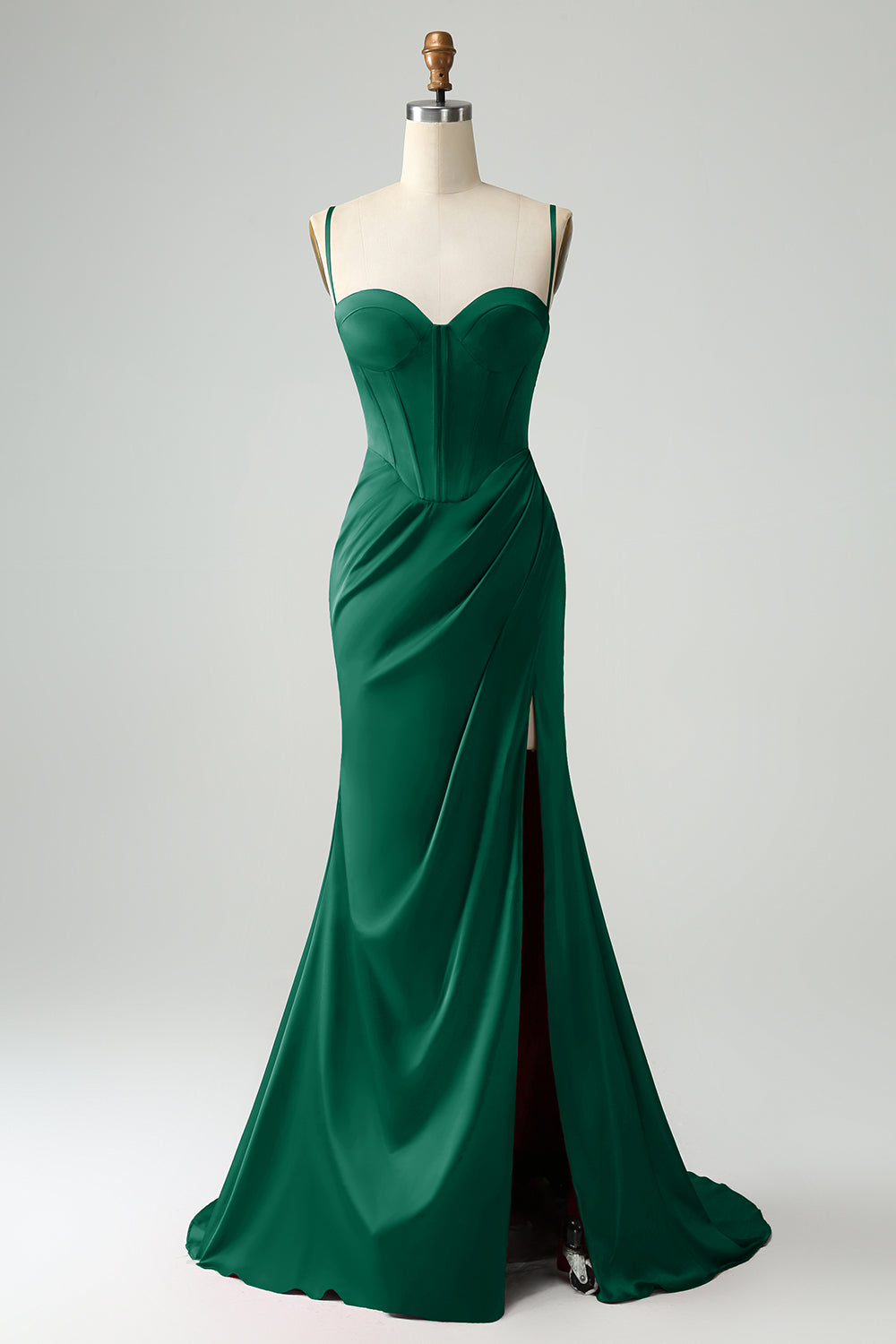 Mermaid Spaghetti Straps Pleated Corset Long Prom Dress With High Slit Sexy Evening Dresses