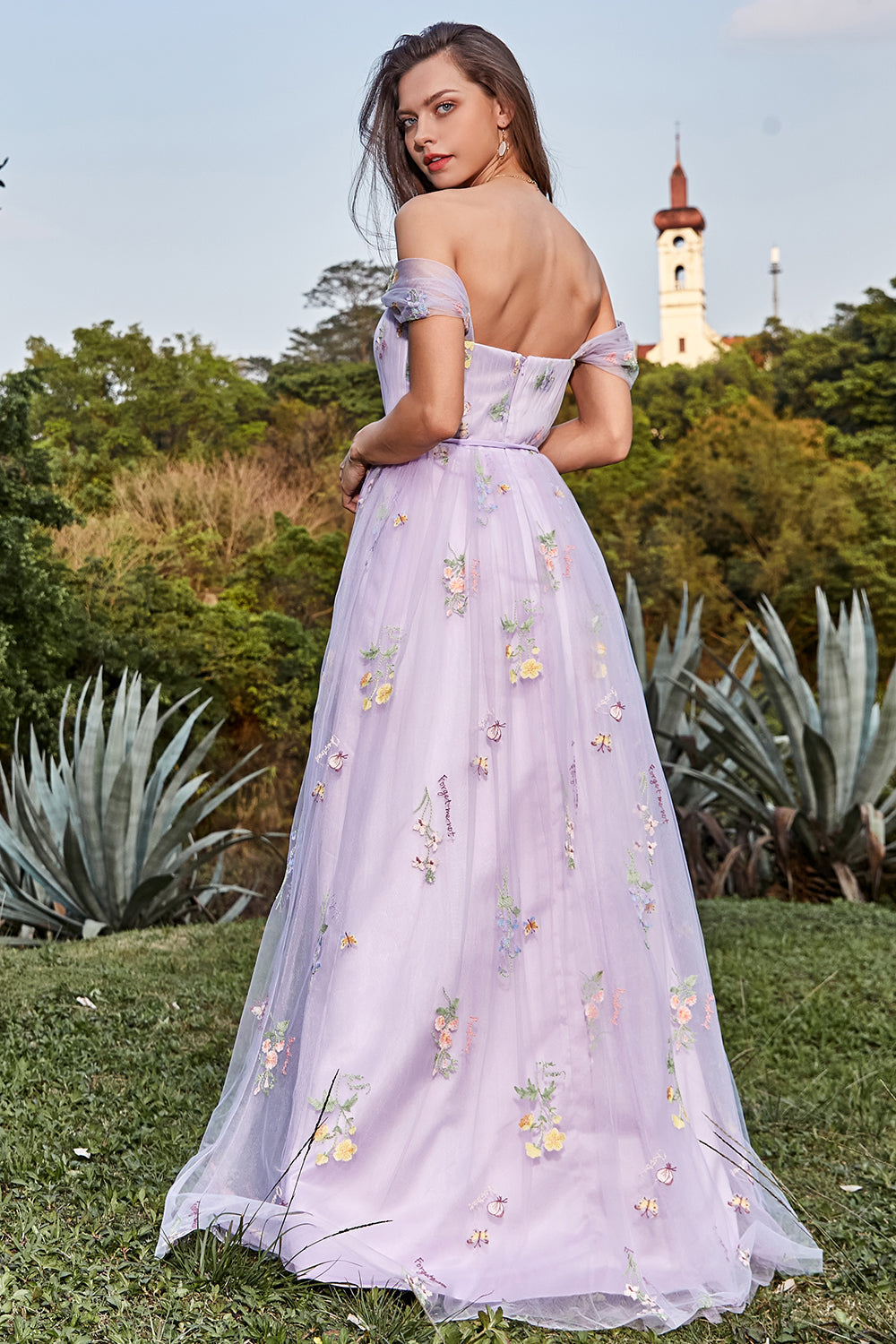 Lavender A Line Off The Shoulder Tulle Formal Dress With Embroidery Prom Dress With Flowers