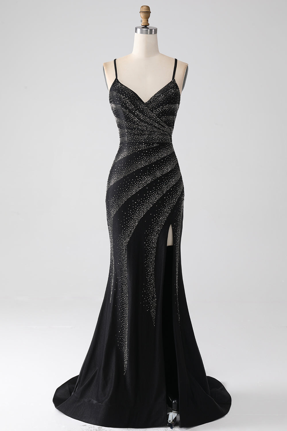 Sparkly Black Mermaid Spaghetti Straps Beaded Prom Dress with Slit Sexy