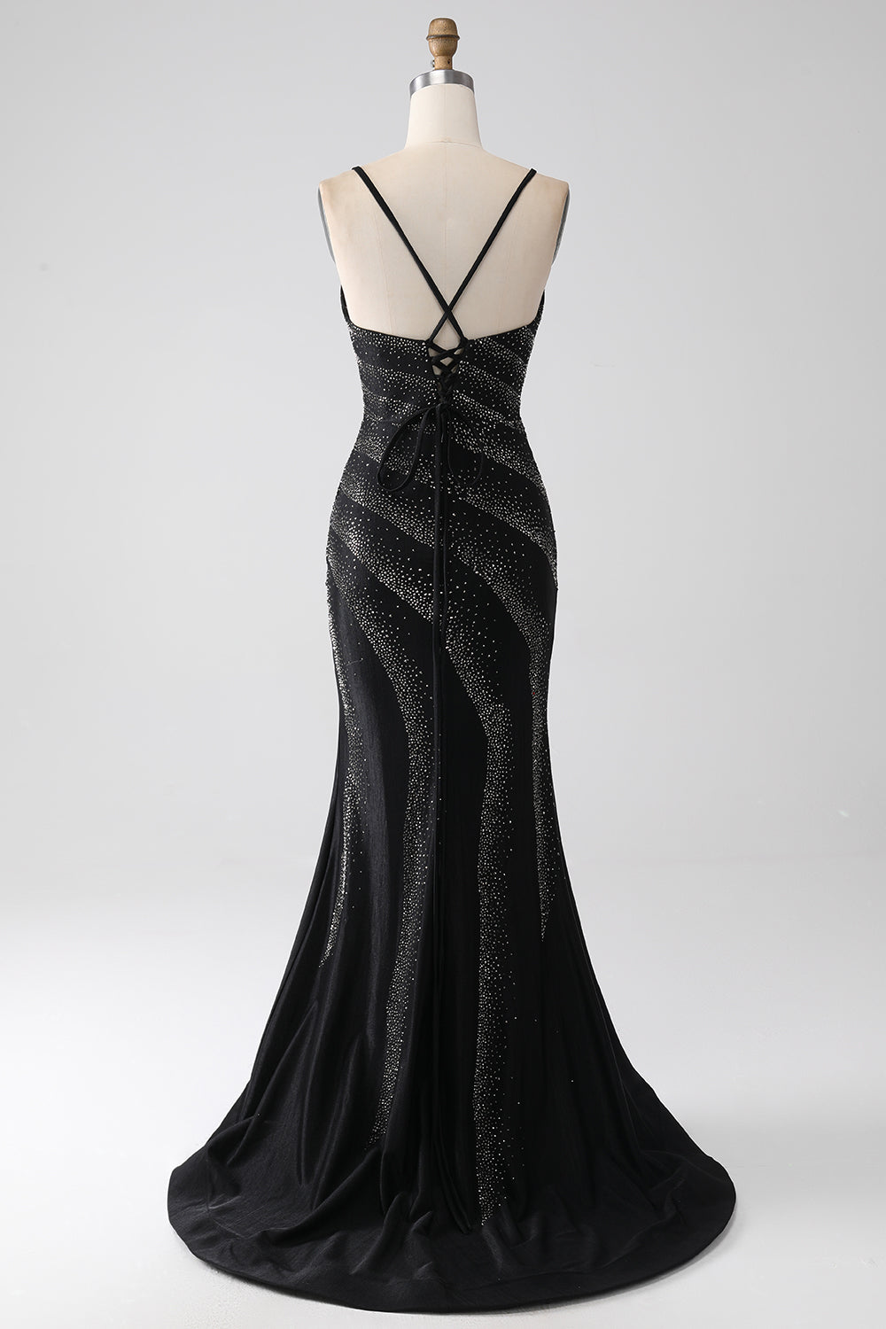Sparkly Black Mermaid Spaghetti Straps Beaded Prom Dress with Slit Sexy
