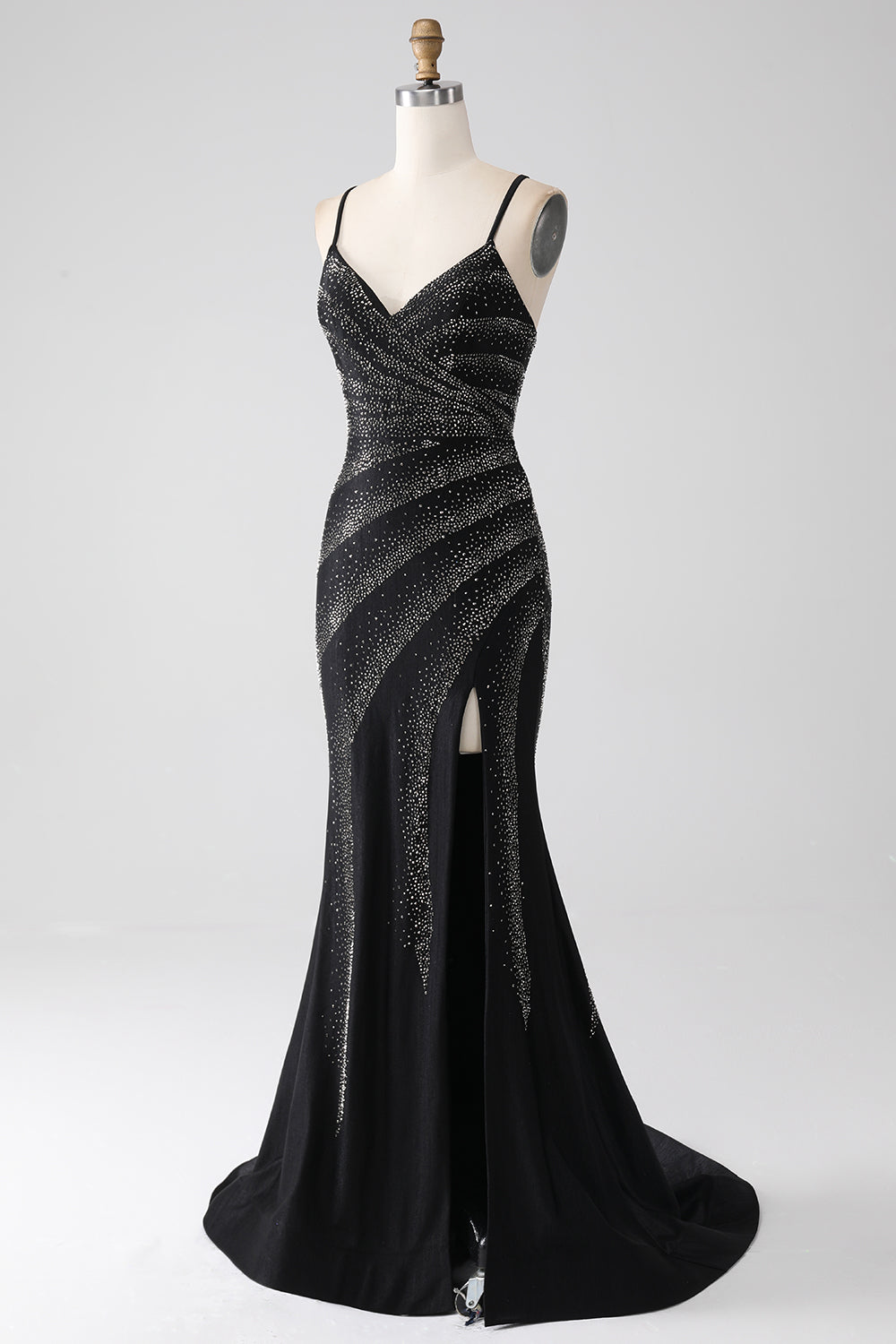 Sparkly Black Mermaid Spaghetti Straps Beaded Prom Dress with Slit Sexy