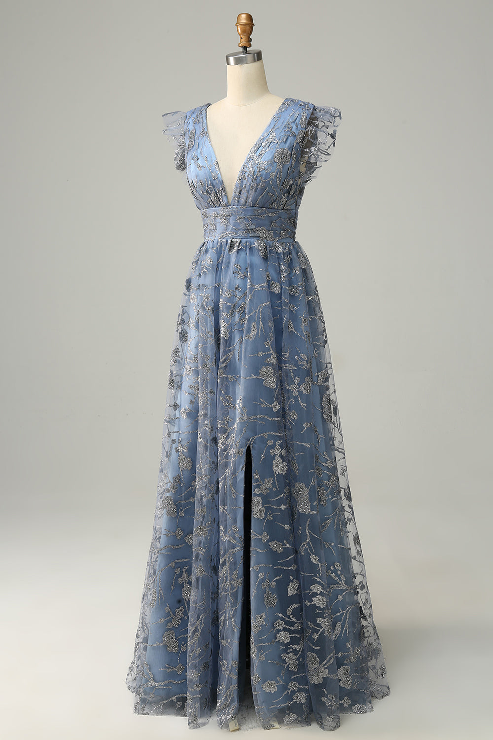 A Line Deep V Neck Grey Blue Plus Size Wedding Party Dress with Embroidery Sexy Evening Dresses