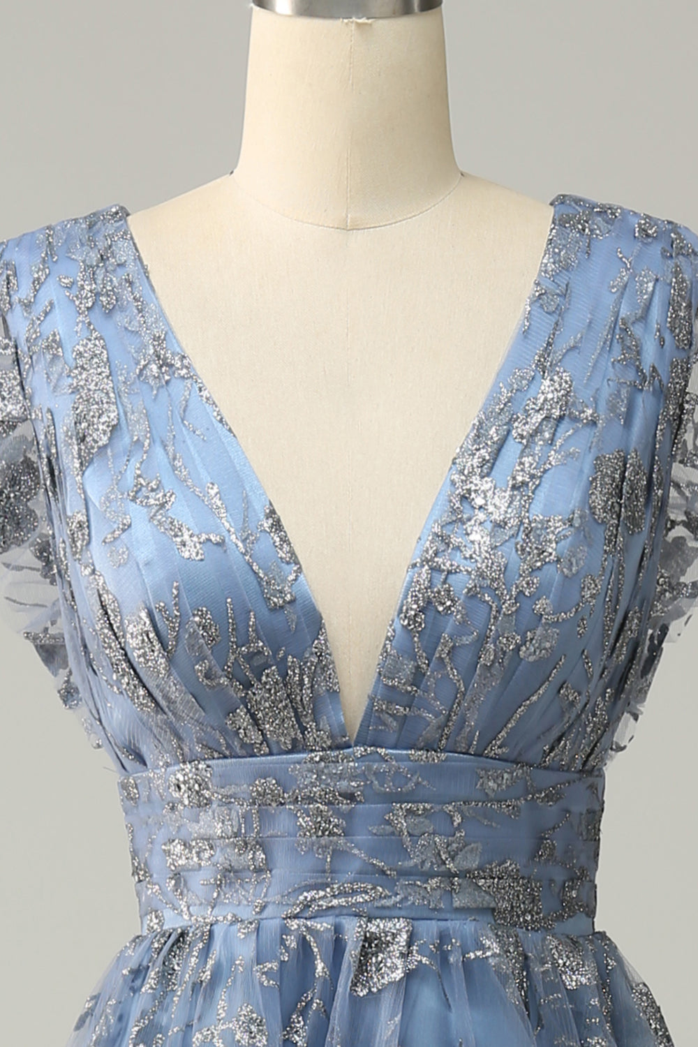 A Line Deep V Neck Grey Blue Plus Size Wedding Party Dress with Embroidery Sexy Evening Dresses