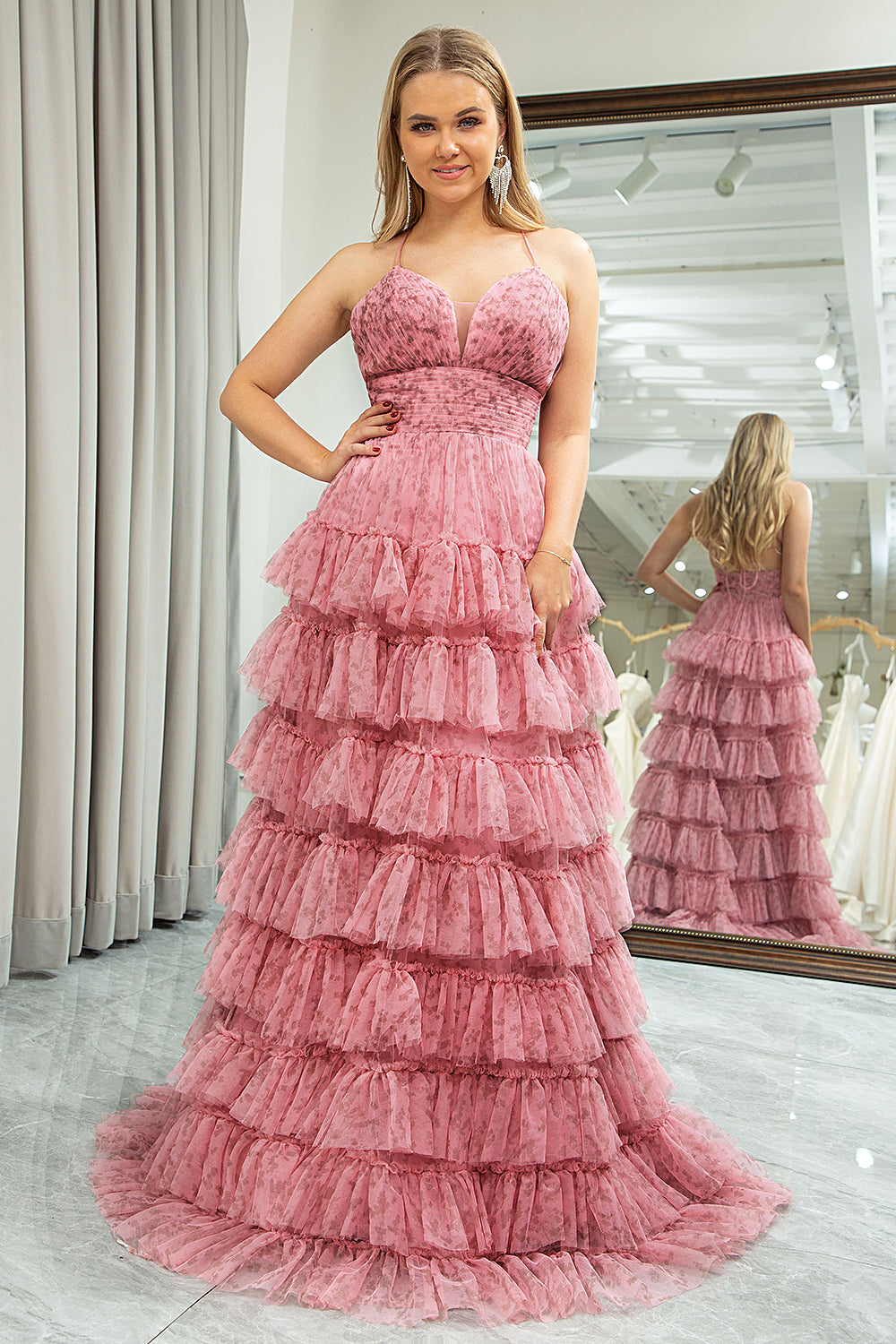 A-Line Spaghetti Straps Layered Tulle Prom Dress with Floral Printed Sexy
