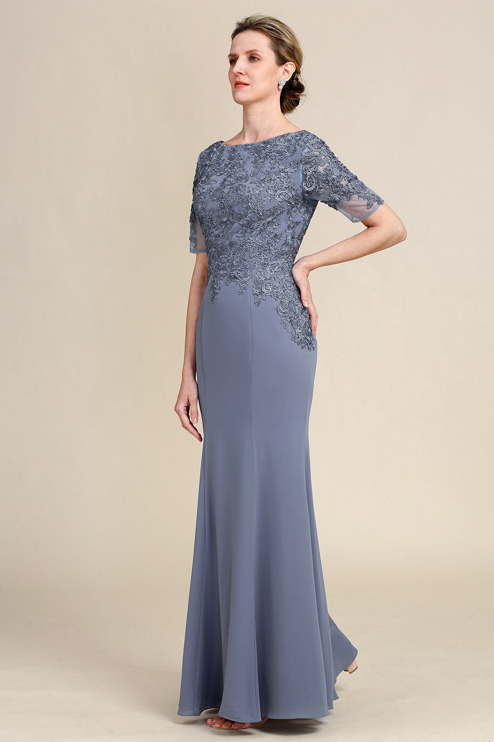 Grey Blue Mermaid Floor Length Chiffon Mother of Bride Dress With Appliques Beautiful