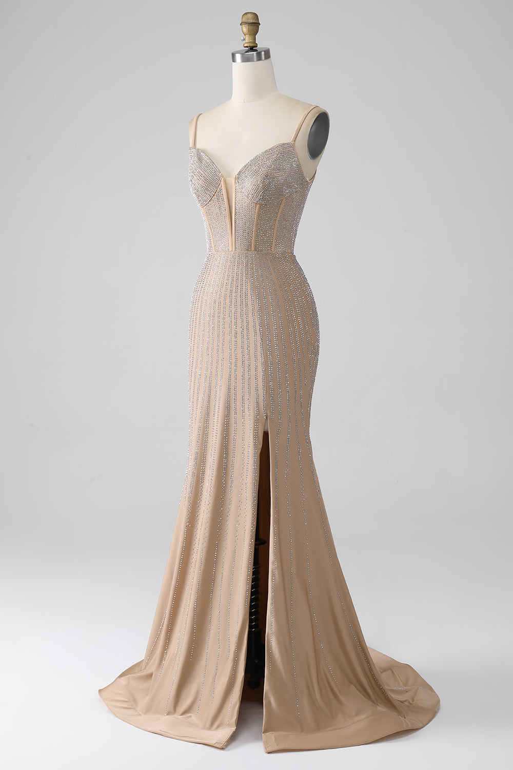 Sparkly Champagne Mermaid Spaghetti Straps Long Prom Dress with Slit Sexy Evening Dresses