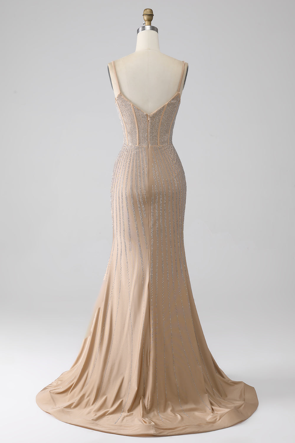 Sparkly Champagne Mermaid Spaghetti Straps Long Prom Dress with Slit Sexy Evening Dresses