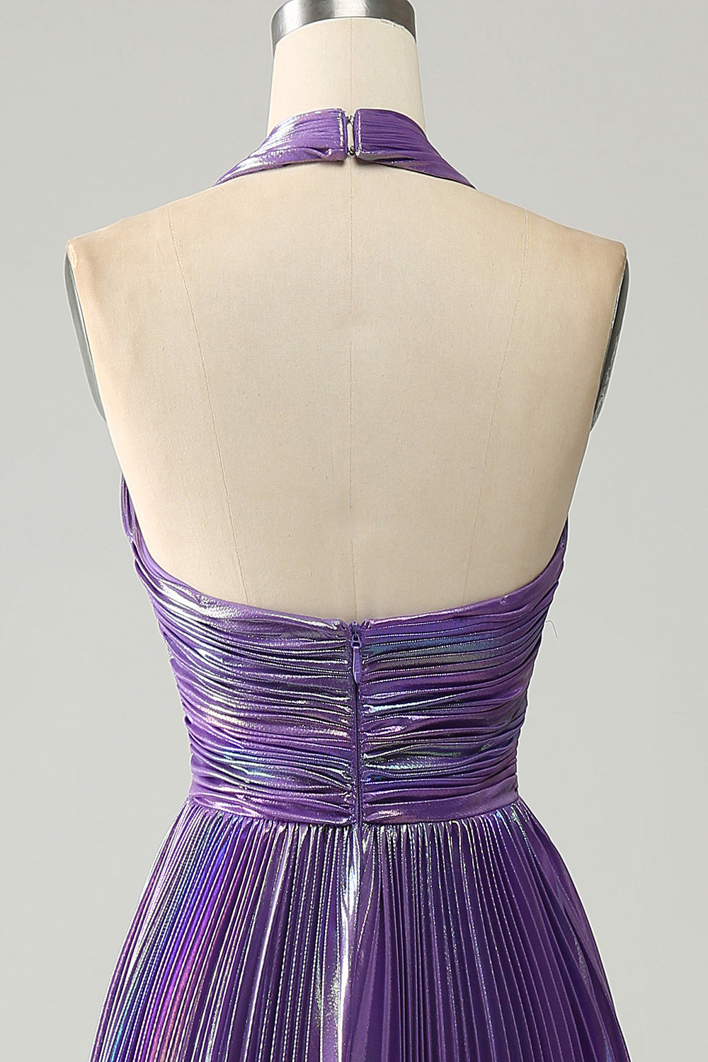 Sparkly Purple A-Line Halter Pleated Prom Dress with Slit Sexy Evening Dresses