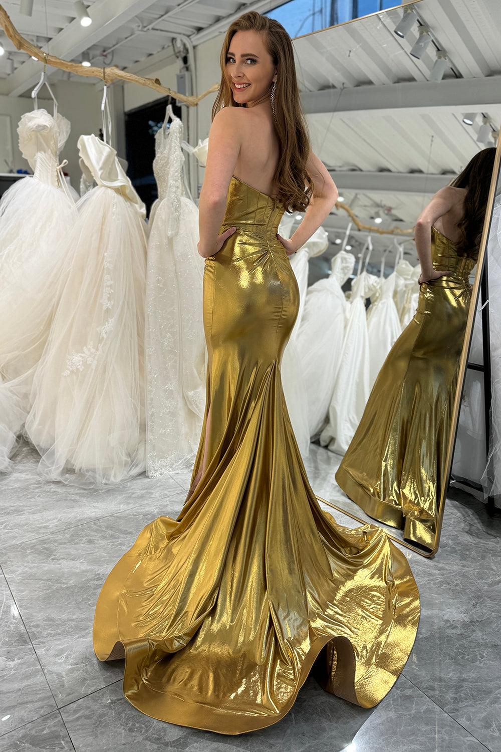 Golden Mermaid Sweetheart Sparkly Long Prom Dress With Slit Sexy Evening Dresses