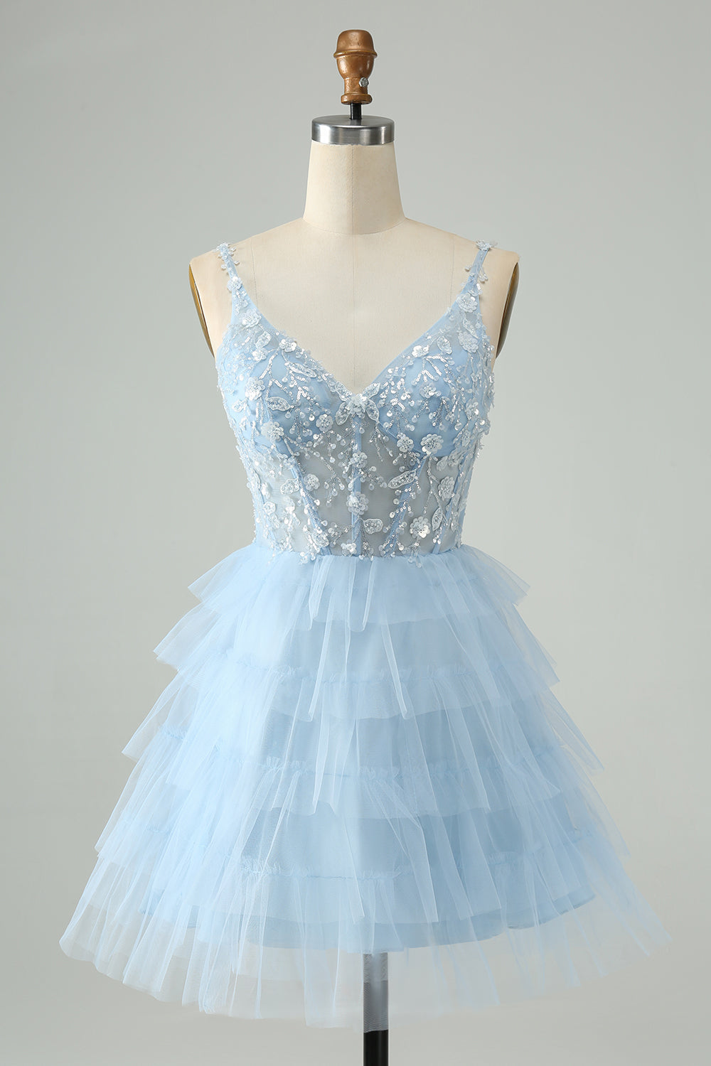 Cute A Line Spaghetti Straps Tiered Short Homecoming Dress with Sequins Beautiful