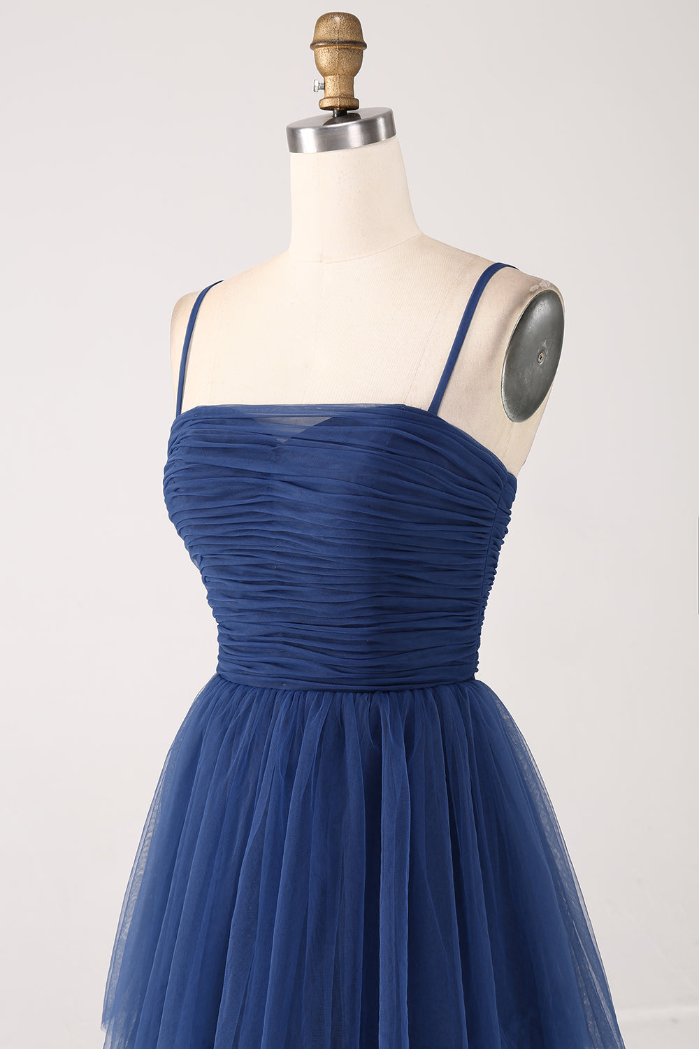Navy A Line Spaghetti Straps Tulle Pleated Floor Length Bridesmaid Dress With Slit Beautiful