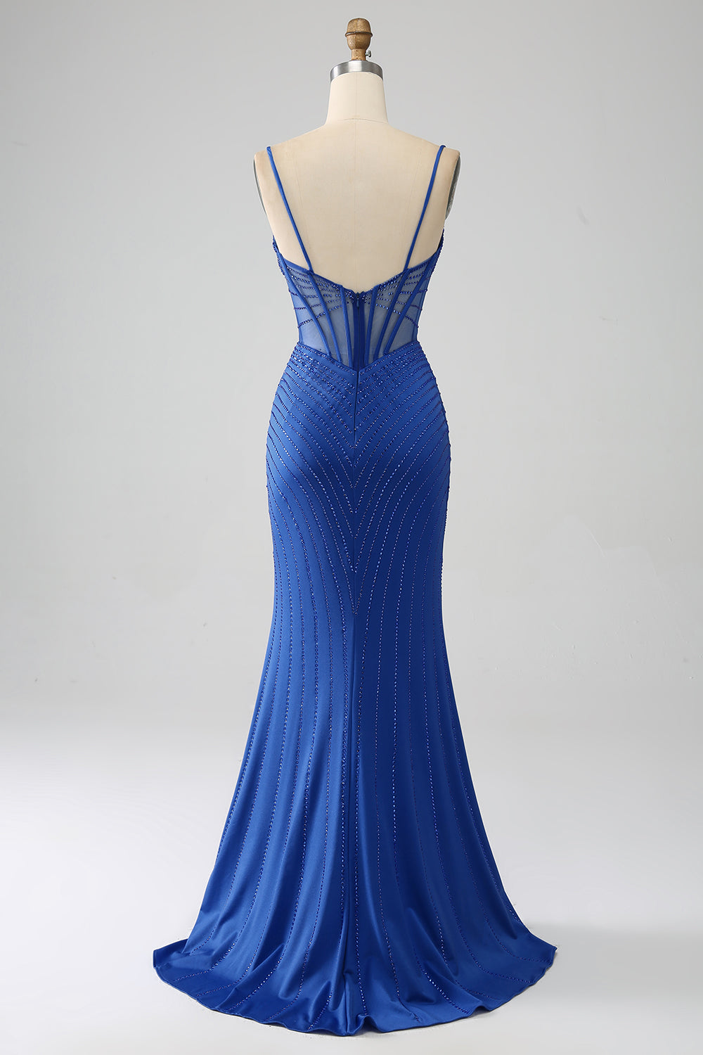Royal Blue Mermaid Corset Sparkly Beaded Prom Dress with Slit Sexy Evening Dresses
