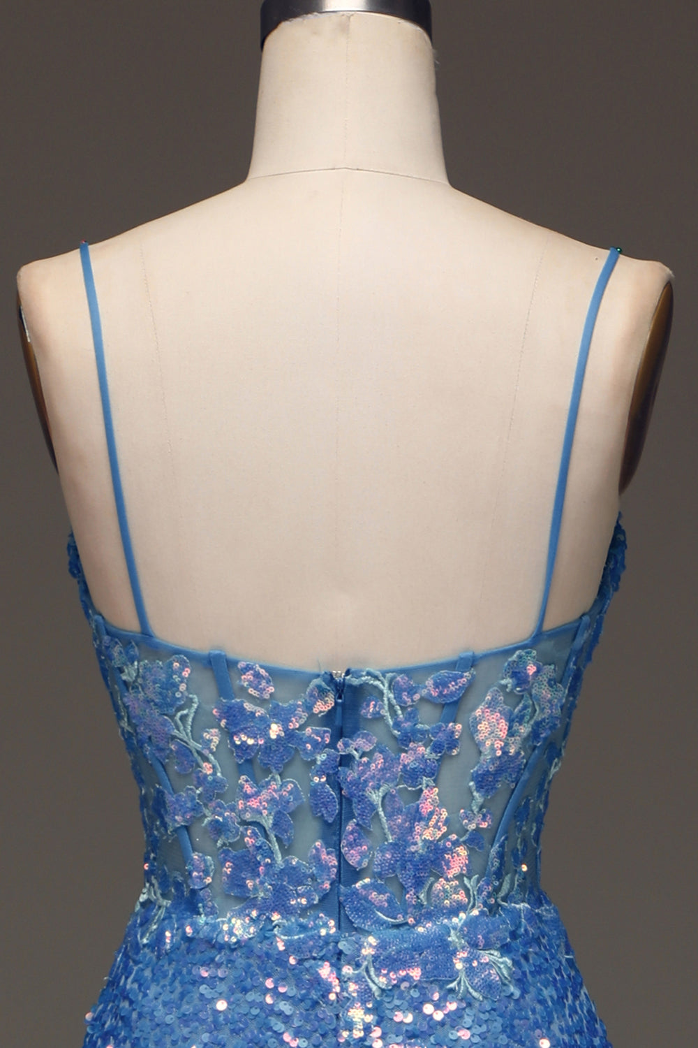 Sparkly Blue Spaghetti Straps Corset Prom Dress with Slit Sexy Evening Dresses
