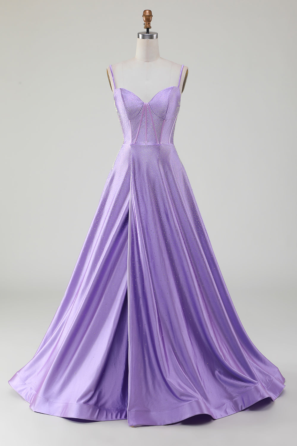 Sparkly Simple Lilac A-Line Side Slit Corset Prom Dresses with Rhinestones Sexy Evening Dresses