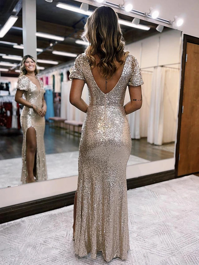 Mermaid / Trumpet Evening Gown Sexy Dress Formal Floor Length Short Sleeve V Neck Sequined Backless