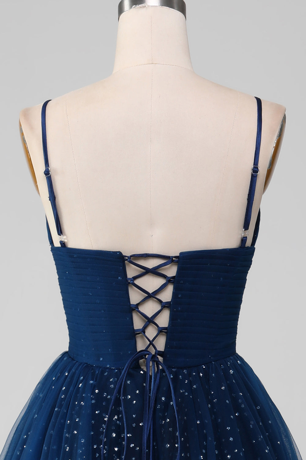 Navy Ball-Gown Spaghetti Straps V-Neck Long Beaded Tulle Prom Dresses Sparkly Evening Dresses