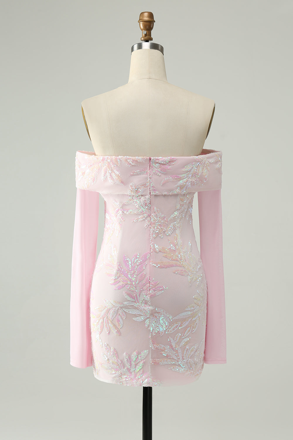 Cute Sparkly Bodycon Off The Shoulder Sequin Pink Homecoming Dress with Long Sleeves Beautiful