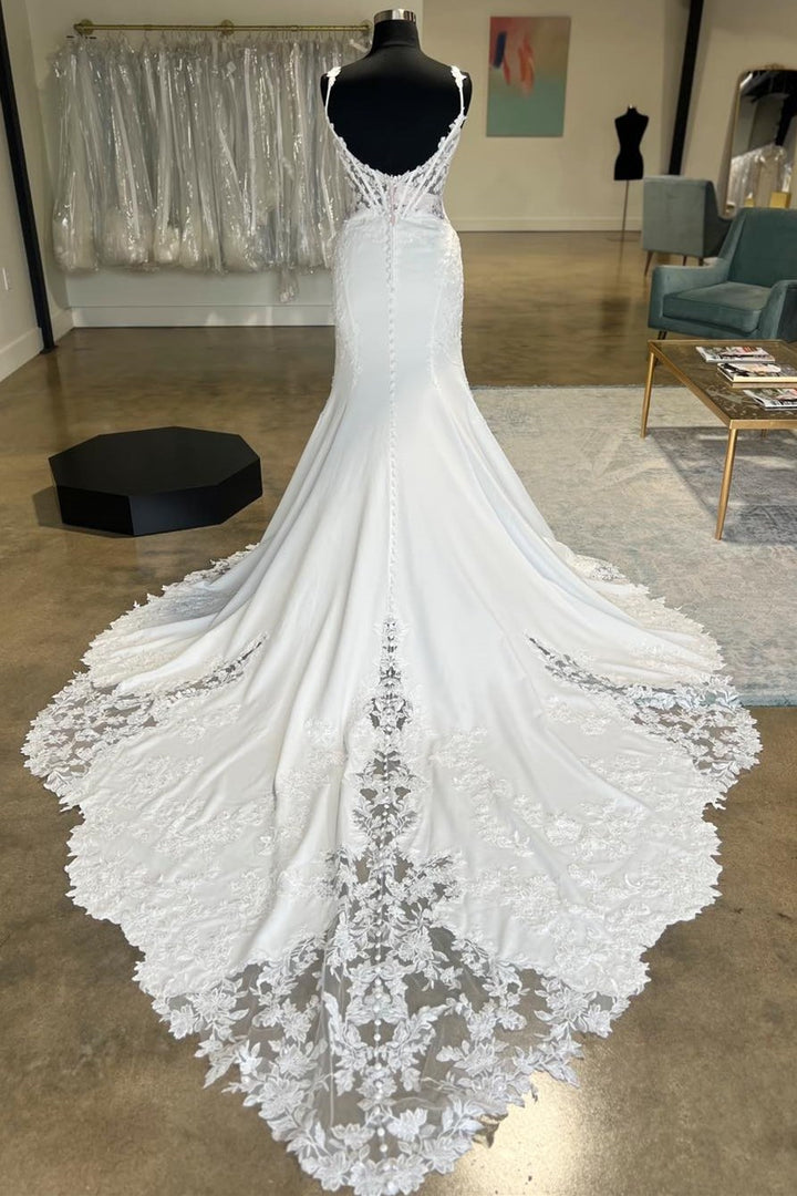 White Appliques Corset Backless Mermaid Long Wedding Dress Beautiful