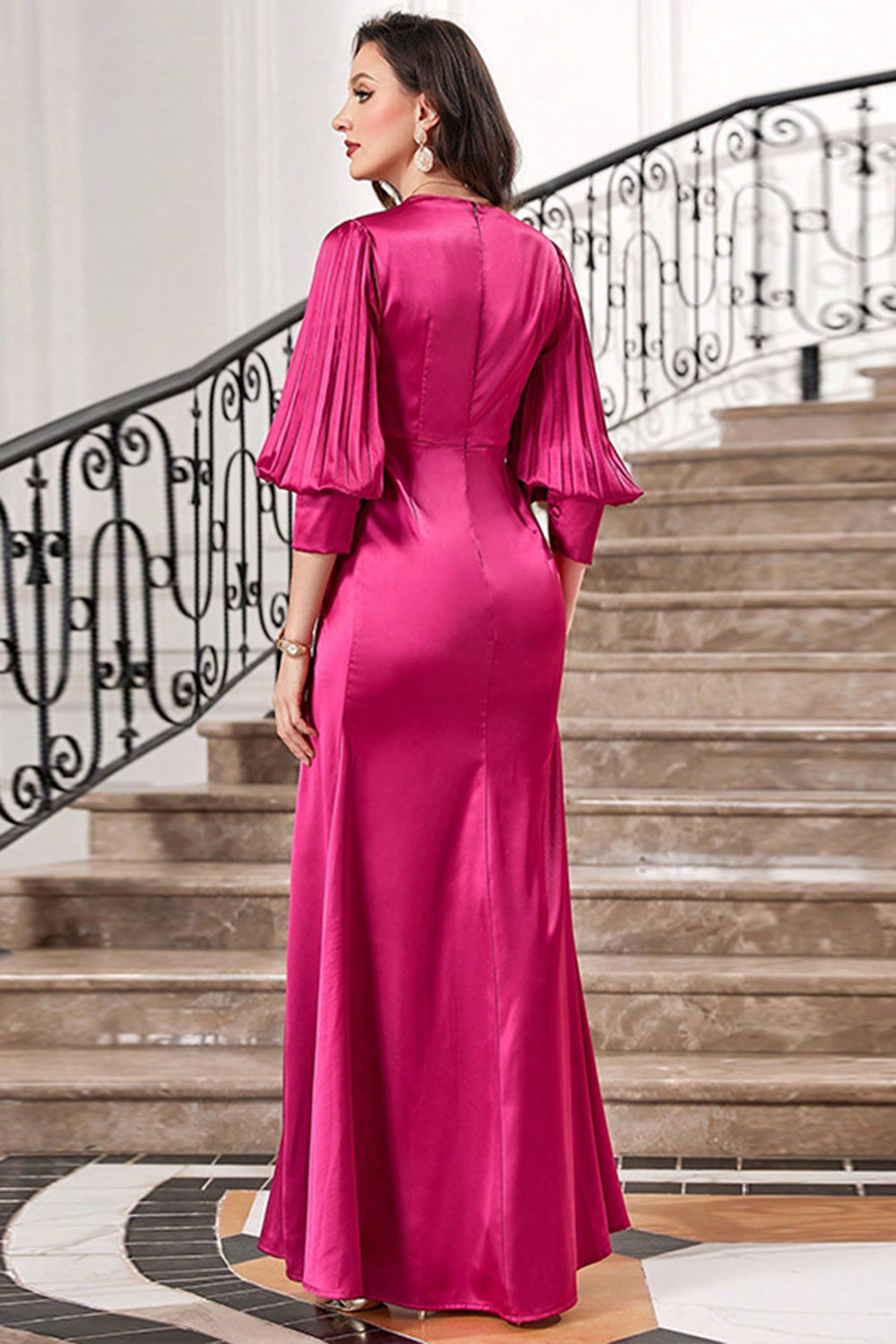 Fuchsia Ruffles Formal Dress with Half Sleeves V-neck Evening Dresses