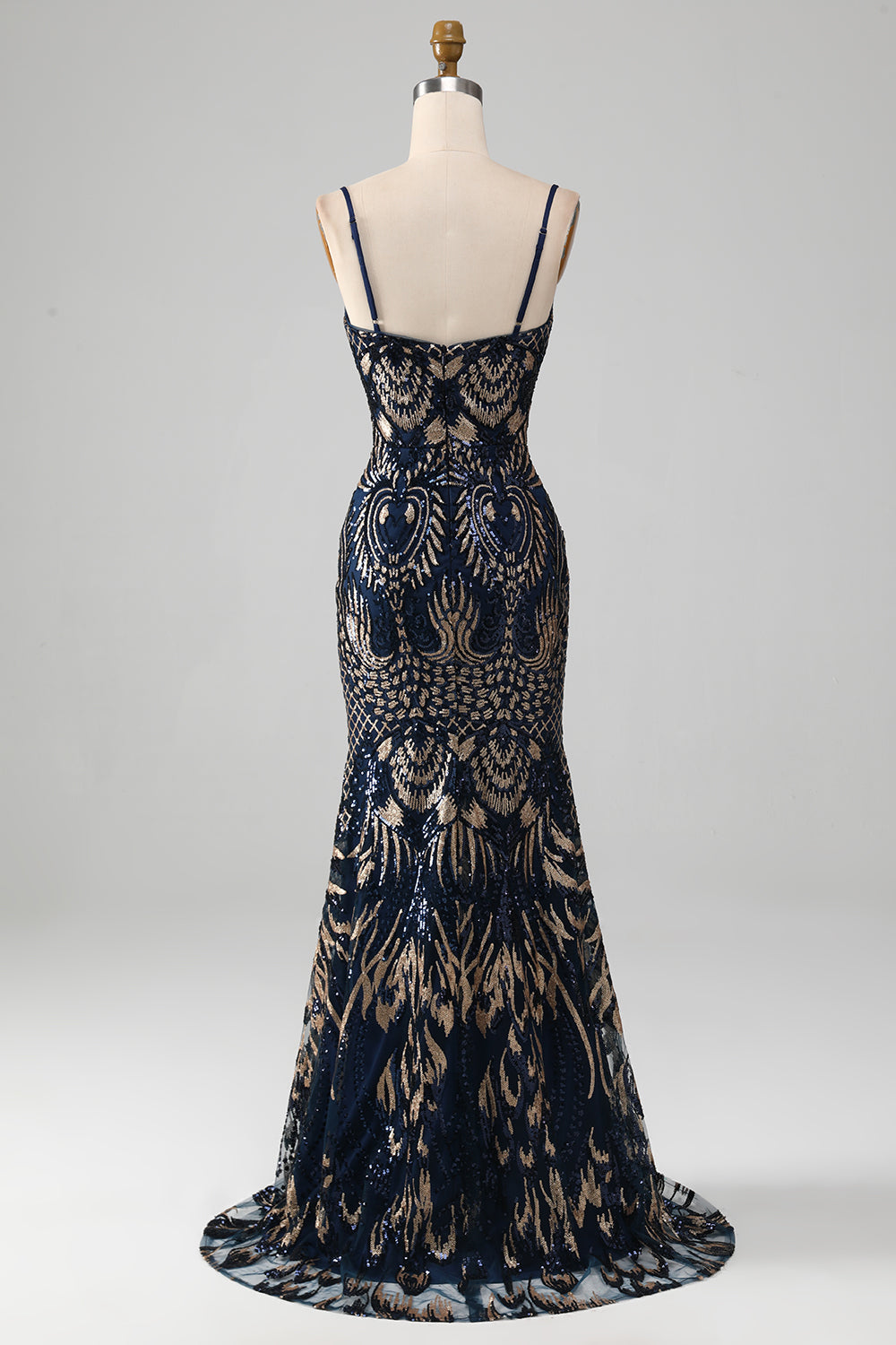 Navy Mermaid Spaghetti Straps Sparkly Sequin Prom Dress Sexy Evening Dresses