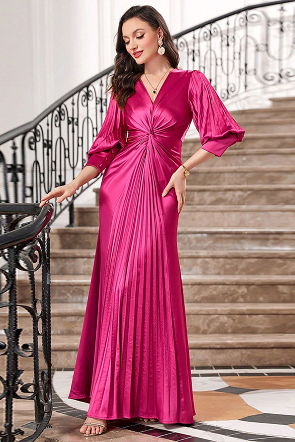 Fuchsia Ruffles Formal Dress with Half Sleeves V-neck Evening Dresses
