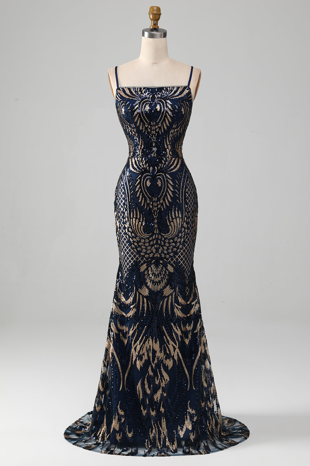 Navy Mermaid Spaghetti Straps Sparkly Sequin Prom Dress Sexy Evening Dresses
