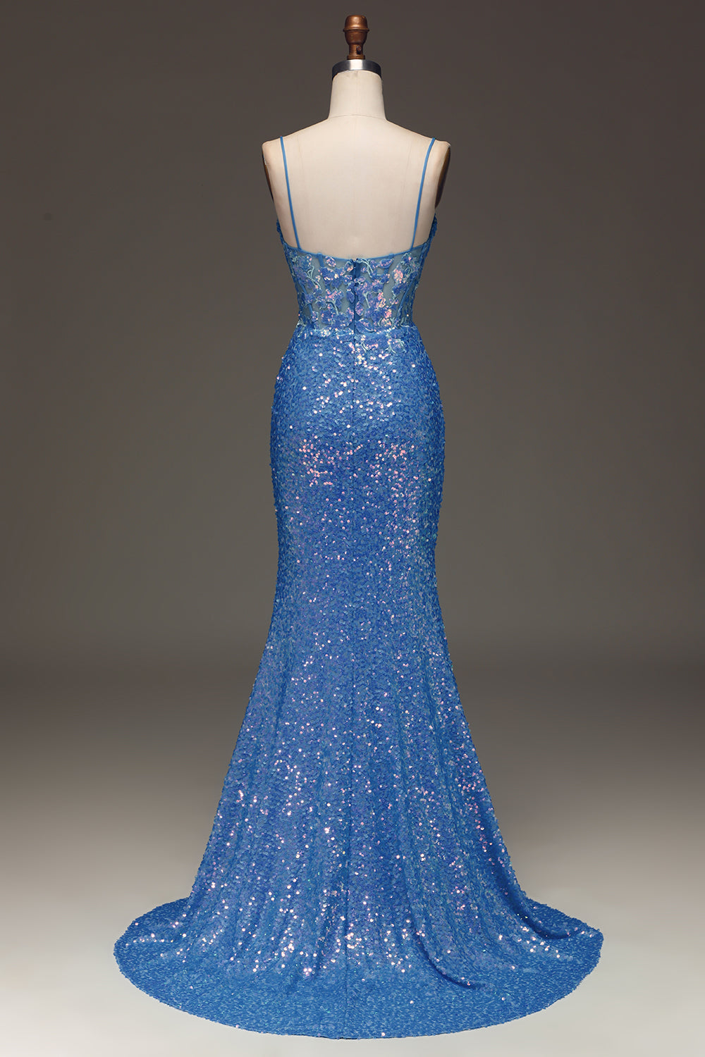 Sparkly Blue Spaghetti Straps Corset Prom Dress with Slit Sexy Evening Dresses
