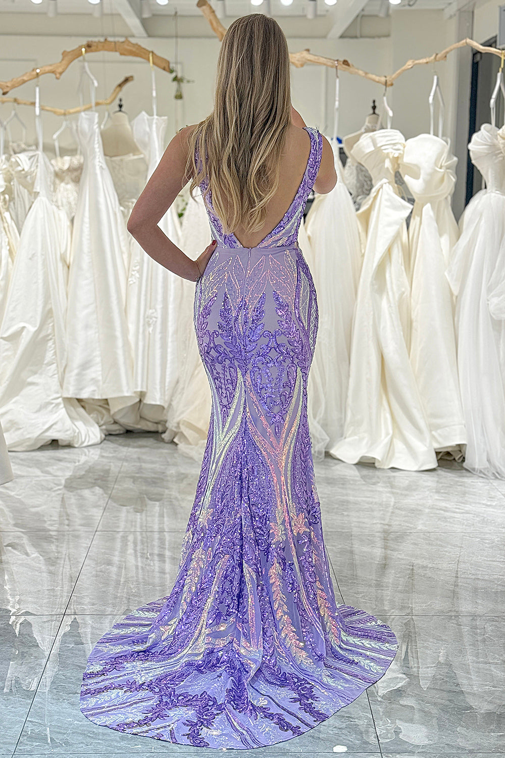 Purple Mermaid V Neck Long Sparkly Prom Dress With Sequins Sexy