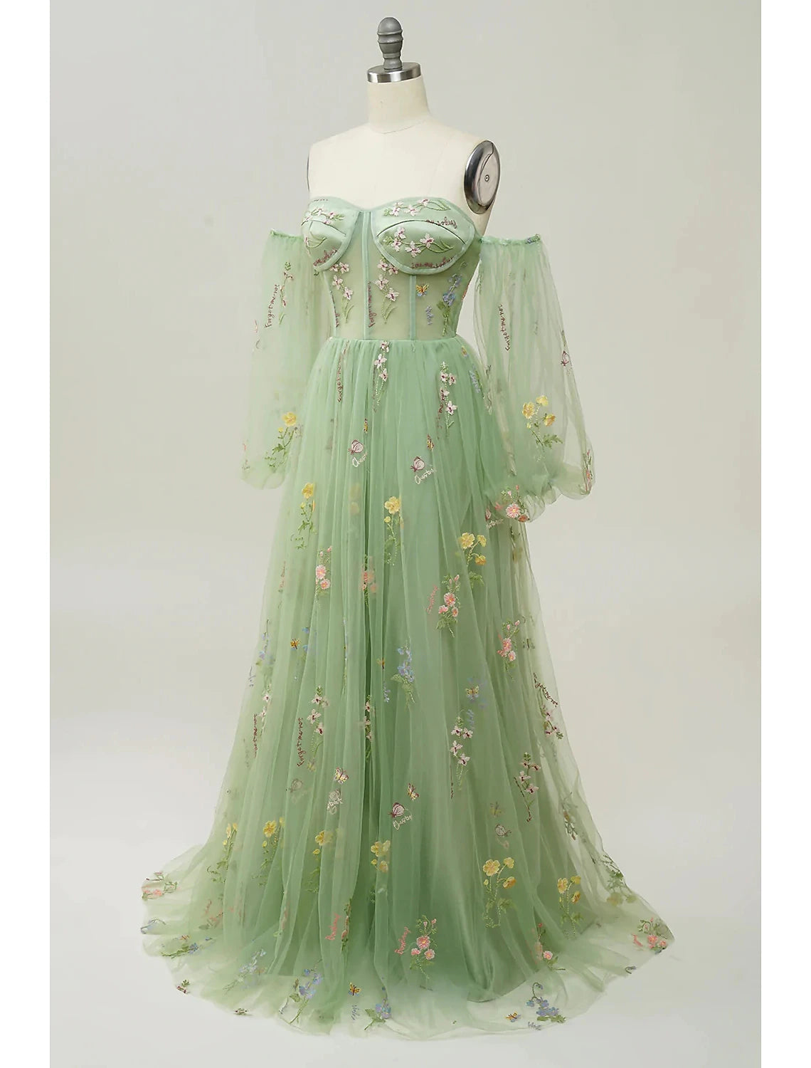 A-Line Evening Gown Floral Dress Formal Floor Length Long Sleeve Sweetheart Lace Backless with Pleats