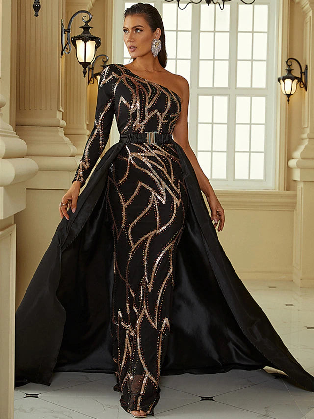 Mermaid / Trumpet Evening Gown Sexy Dress Formal Court Train Long Sleeve One Shoulder Polyester