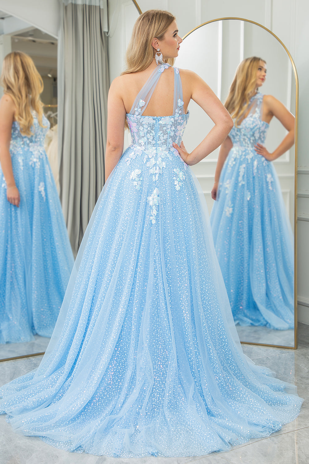 Light Blue A Line One Shoulder Sparkly Sequin Tulle Prom Dress With Appliques Beautiful