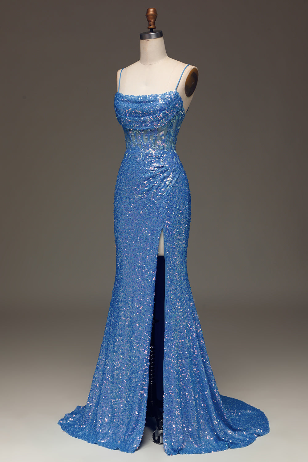 Sparkly Blue Spaghetti Straps Corset Prom Dress with Slit Sexy Evening Dresses