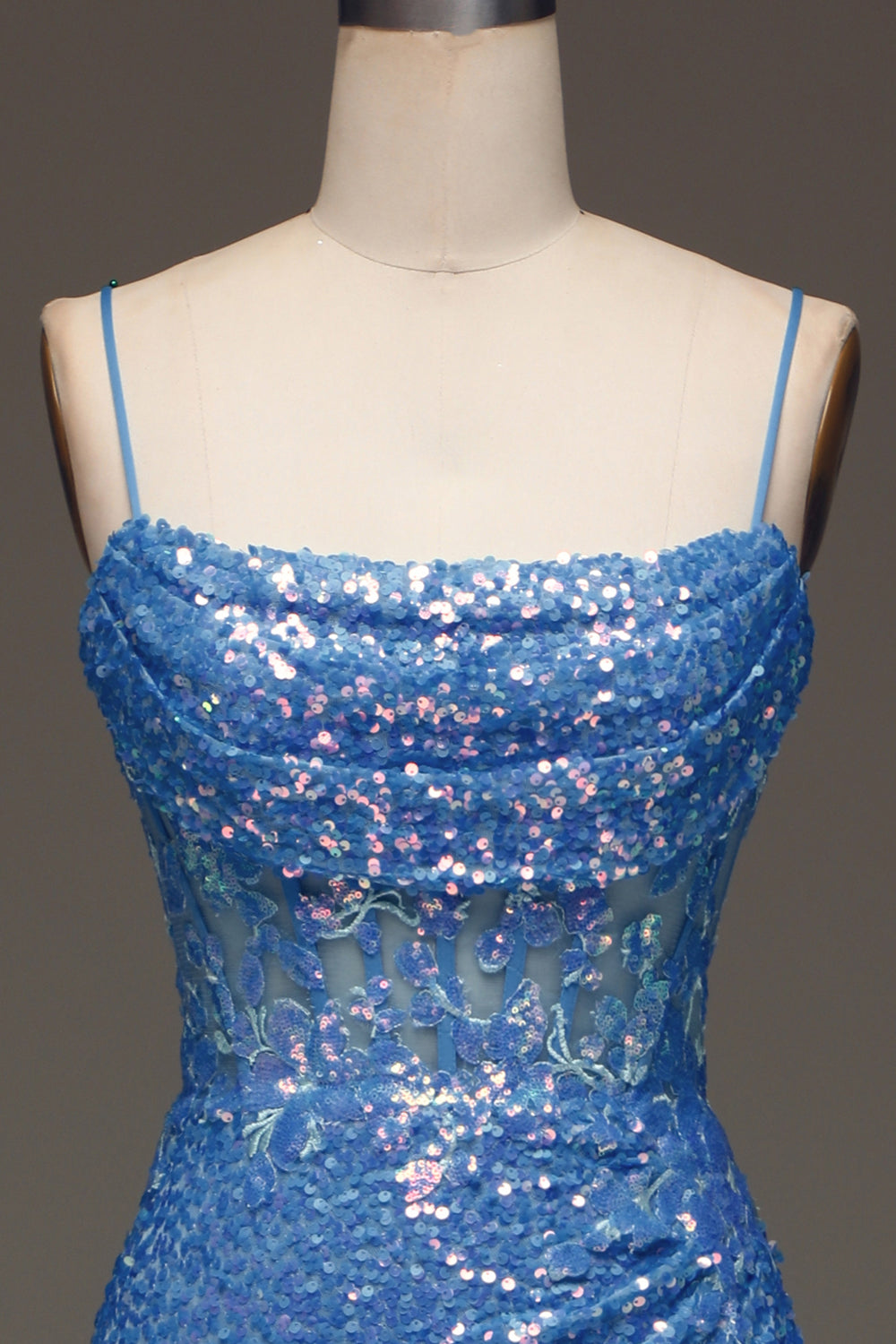 Sparkly Blue Spaghetti Straps Corset Prom Dress with Slit Sexy Evening Dresses