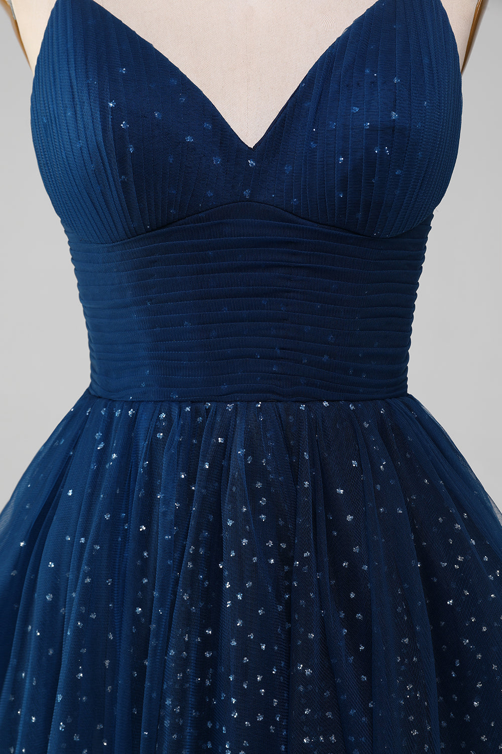 Navy Ball-Gown Spaghetti Straps V-Neck Long Beaded Tulle Prom Dresses Sparkly Evening Dresses
