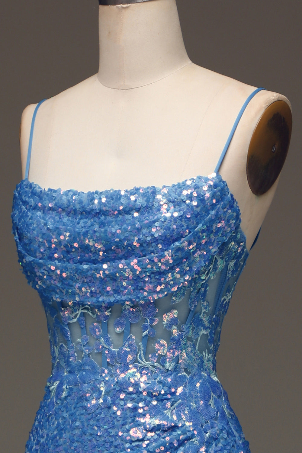 Sparkly Blue Spaghetti Straps Corset Prom Dress with Slit Sexy Evening Dresses