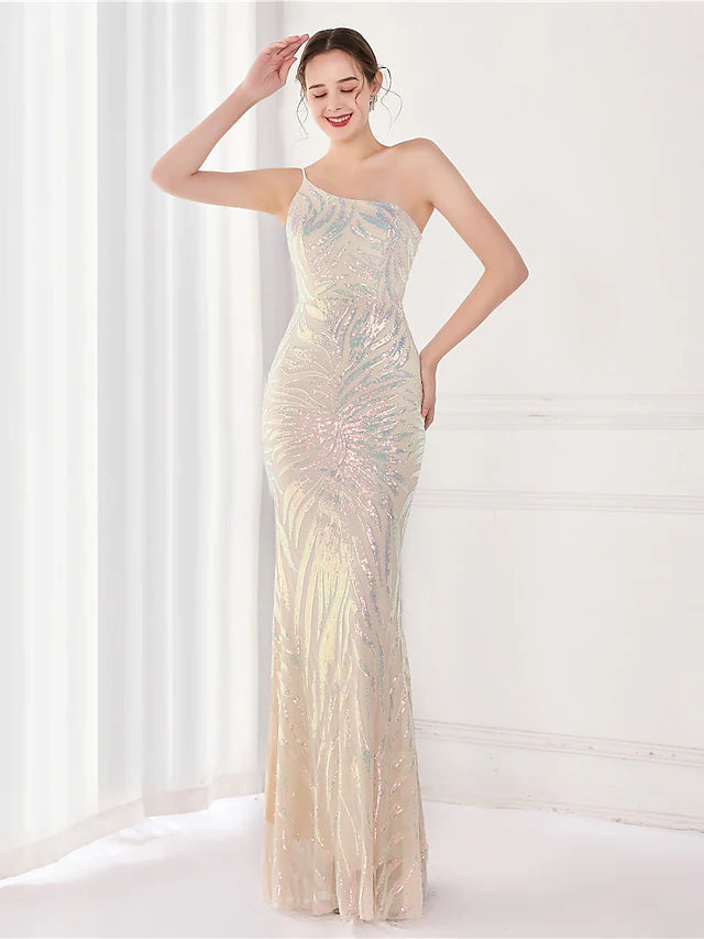 Mermaid / Trumpet Evening Gown Elegant Dress Wedding Guest Floor Length Sleeveless One Shoulder Sequined V Back