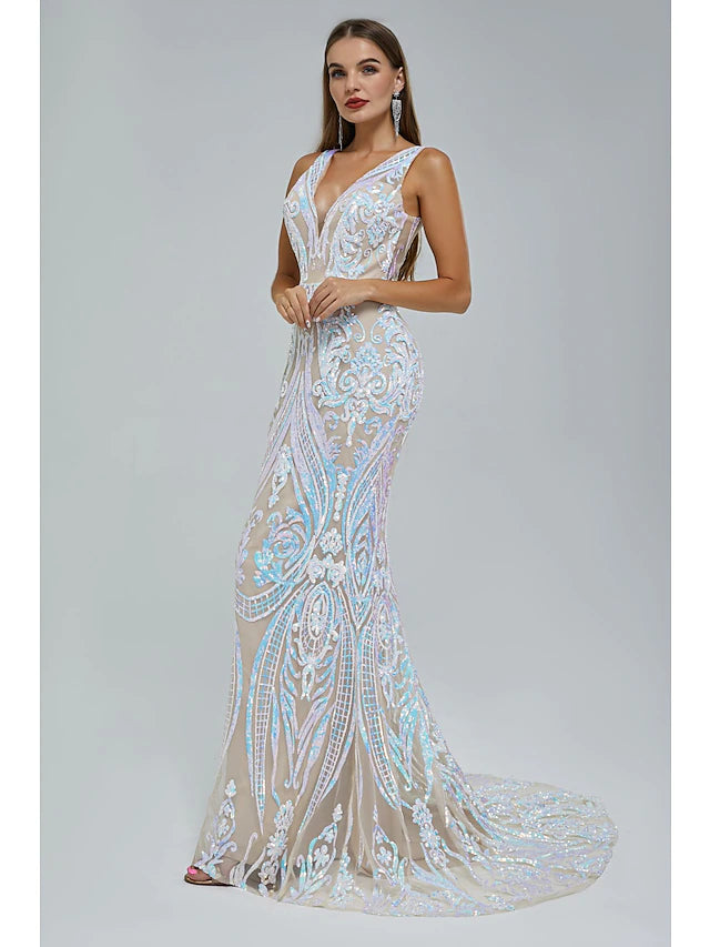 Mermaid / Trumpet Evening Gown Elegant Dress Engagement Court Train Sleeveless V Neck Sequined